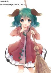 Rule 34 | 1girl, animal ears, blush, broom, character name, dog ears, dress, feet out of frame, green eyes, green hair, highres, holding, holding broom, kasodani kyouko, long sleeves, looking at viewer, open mouth, pink dress, short hair, smile, solo, torii sumi, touhou, transparent background