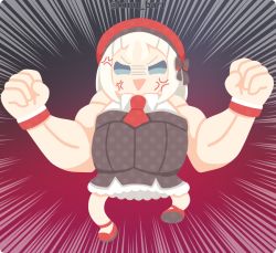 Rule 34 | 1girl, angry, beret, black dress, blonde hair, blue eyes, commentary request, dress, flexing, full body, girls&#039; frontline, hat, kinubari nerune, mp5 (girls&#039; frontline), muscular, necktie, open mouth, red footwear, red necktie, solo, standing, twitter username