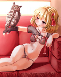 Rule 34 | 1girl, bad id, bad pixiv id, bird, blonde hair, choker, couch, cross, cross necklace, fang, fingerless gloves, flat chest, gloves, hair ribbon, jewelry, jixing renou, lingerie, nail polish, navel, necklace, nipples, owl, panties, pussy, red eyes, ribbon, rumia, see-through, solo, string panties, touhou, underwear, underwear only