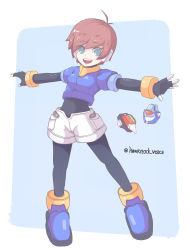 Rule 34 | 1girl, absurdres, ahoge, aile (mega man zx), aqua eyes, blue background, blue footwear, bodystocking, bracelet, breasts, brown hair, female focus, full body, highres, hwaryeok, jewelry, biometal, mega man (series), mega man zx, model x (mega man), model z (mega man), open mouth, outstretched arms, pocket, puffy short sleeves, puffy sleeves, robot ears, short hair, short sleeves, shorts, small breasts, smile, standing, white shorts