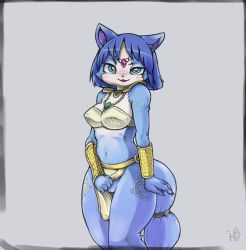 Rule 34 | 1girl, :3, animal ears, animal nose, armor, artist name, bandeau, bare shoulders, black border, blue eyes, blue fur, blue hair, blush, body fur, border, breasts, circlet, claws, cleavage, covered erect nipples, crystal, female focus, flashing, fox ears, fox girl, fox tail, furry, furry female, grey background, happy, jewelry, krystal, legs together, loincloth, loincloth aside, looking at viewer, medium breasts, navel, necklace, nintendo, no panties, nose blush, nousen, open mouth, pussy, raised eyebrow, short hair, shoulder armor, signature, simple background, smile, solo, standing, star fox, stomach, tail, tattoo, tribal, two-tone fur, uncensored, uneven eyes, vambraces, white fur