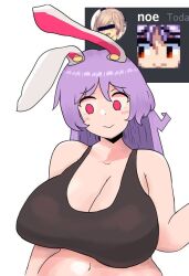 Rule 34 | 1girl, :&gt;, animal ears, belly, black tank top, blush, breasts, cleavage, collarbone, crop top, imperishable night, large breasts, long hair, midriff, navel, notnoe (dxcl), purple hair, rabbit ears, red eyes, reisen udongein inaba, smile, solo, stomach, tank top, touhou, wide hips