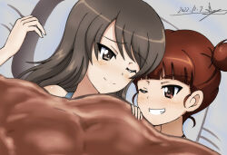 Rule 34 | 2girls, blush, brown eyes, brown hair, bukkuri, commission, dated, girls und panzer, grin, long hair, looking at another, mika (girls und panzer), mikko (girls und panzer), multiple girls, on bed, one eye closed, pixiv commission, shiny skin, smile, under covers, upper body, yuri