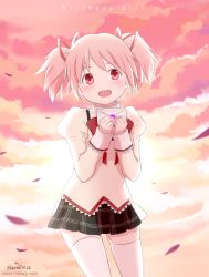 Rule 34 | 1girl, black skirt, blush, holding, holding letter, kaname madoka, letter, long sleeves, mahou shoujo madoka magica, mahou shoujo madoka magica (anime), mitakihara school uniform, open mouth, pink hair, red eyes, school uniform, skirt, smile, snonfield, solo, thighhighs, twintails, white thighhighs, zettai ryouiki