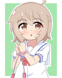 Rule 34 | 1girl, :o, ahoge, blush, bound, bound wrists, bow, brown eyes, brown hair, commentary request, green background, hair between eyes, highres, jump rope, kapuru 0410, konomori kanon, outline, parted lips, puffy short sleeves, puffy sleeves, red bow, sailor collar, school uniform, serafuku, shirt, short sleeves, solo, thick eyebrows, tied up (nonsexual), two-tone background, upper body, watashi ni tenshi ga maiorita!, white background, white outline, white sailor collar, white shirt