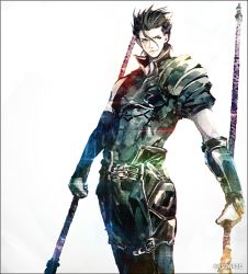 Rule 34 | 1boy, armor, black hair, closed mouth, commentary request, cowboy shot, detached sleeves, dual wielding, fate (series), frown, gae buidhe (fate), gae dearg (fate), hair between eyes, holding, holding spear, holding weapon, k-suwabe, diarmuid ua duibhne (lancer) (fate), looking away, looking to the side, male focus, muted color, pauldrons, polearm, shoulder armor, signature, solo, spear, standing, tabard, weapon, white background