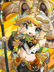 1girl animal_ears animal_hands armband armlet bare_shoulders bear_ears black_shorts blonde_hair blue_eyes braid brown_hair cowboy_shot crop_top dated fang genshin_impact gloves hair_ornament haronin_fukke holding holding_staff jewelry kachina_(genshin_impact) looking_at_viewer midriff navel open_mouth paw_gloves shorts signature smile solo staff tail twin_braids visor_cap white_gloves yellow_background