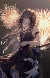 Rule 34 | 1girl, absurdres, against railing, alcohol, arm strap, bare shoulders, black dress, black hair, black ribbon, breasts, champagne, champagne flute, copyright request, cowboy shot, cup, dress, drinking glass, fireworks, floating hair, gangzi (vtuber), hair intakes, hair ribbon, highres, holding, holding cup, huge filesize, indie virtual youtuber, long hair, looking at viewer, medium breasts, night, night sky, outdoors, parted lips, railing, ribbon, skirt hold, sky, sleeveless, sleeveless dress, smile, solo, very long hair, virtual youtuber, xeonomi, yellow eyes