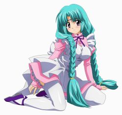 Rule 34 | 1990s (style), 1girl, aqua hair, braid, canal vorfeed, full body, highres, long hair, lost universe, retro artstyle, simple background, solo, sugimura tomokazu, thighhighs, twin braids, white background, white thighhighs