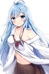 Rule 34 | 1girl, antenna hair, bad id, bad pixiv id, bare shoulders, blue eyes, blue hair, blush, bow, breasts, brown skirt, cleavage, closed mouth, collarbone, collared shirt, commentary request, denpa onna to seishun otoko, hair between eyes, highres, long hair, looking at viewer, minami saki, navel, off shoulder, pleated skirt, red bow, shirt, simple background, skirt, small breasts, solo, touwa erio, very long hair, white background, white shirt