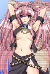 Rule 34 | 1girl, :d, adjusting hair, armband, armpits, arms up, bad id, bad pixiv id, belt, black skirt, blue eyes, blue gemstone, blush, breasts, breasts apart, brooch, cleavage, covered erect nipples, female focus, gem, headphones, jewelry, large breasts, long hair, long skirt, looking at viewer, megurine luka, midriff, multiple belts, navel, no bra, open clothes, open mouth, panties, pink hair, pixel layer, pixelated, shirokuma a, side slit, skirt, sleeveless, sleeveless turtleneck, smile, solo, standing, turtleneck, underwear, very long hair, vocaloid, white panties, zoom layer