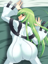 Rule 34 | 1girl, abu, all fours, ass, back, bed, bed sheet, blush, bodysuit, c.c., code geass, curvy, from above, green hair, hip focus, long hair, looking back, smile, solo, top-down bottom-up, trefoil, wide hips, yellow eyes