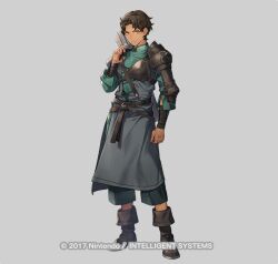 Rule 34 | armor, arrow (projectile), boots, brown footwear, brown hair, copyright name, cyril (fire emblem), dark-skinned male, dark skin, fire emblem, fire emblem: three houses, fire emblem heroes, green shirt, leather, leather boots, long sleeves, male focus, nintendo, official art, p-nekor, red eyes, shirt, shoulder armor, solo