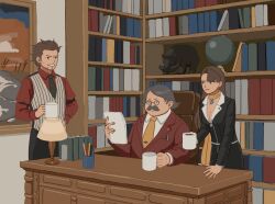 Rule 34 | 1girl, 23011620x, 2boys, ace attorney, asymmetrical bangs, beard, black jacket, book, bookshelf, brown hair, collared shirt, cup, desk lamp, diego armando, earrings, facial hair, formal, glasses, highres, holding, holding cup, holding paper, indoors, jacket, jewelry, lamp, long hair, long sleeves, magatama, marvin grossberg, mia fey, mole, mole under mouth, mug, multiple boys, necktie, on chair, painting (object), pants, paper, phoenix wright: ace attorney - trials and tribulations, picture frame, scarf, shirt, short hair, sitting, skirt, skirt suit, smile, standing, statue, suit, table, white shirt, yellow necktie, yellow scarf