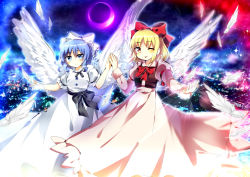 Rule 34 | 2girls, absurdres, angel wings, bad id, bad pixiv id, black bow, black sash, blonde hair, blue eyes, blue hair, bow, bowtie, breasts, brown vest, chisen maimai, closed mouth, commentary request, crescent moon, dress, feathered wings, feathers, frilled dress, frilled sleeves, frills, gengetsu (touhou), hair bow, highres, holding hands, juliet sleeves, long sleeves, looking at viewer, mai (touhou), medium breasts, moon, multiple girls, one eye closed, pink dress, puffy sleeves, red bow, red bowtie, red ribbon, ribbon, sash, short hair, short sleeves, smile, tongue, tongue out, touhou, touhou (pc-98), vest, white bow, white dress, white feathers, white wings, wings, yellow eyes