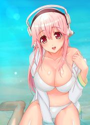 Rule 34 | 1girl, :d, absurdres, bikini, blush, breasts, cleavage, headphones, highres, large breasts, long hair, looking at viewer, navel, nitroplus, okiperi, open mouth, partially submerged, pink hair, red eyes, shirt, smile, solo, super sonico, swimsuit, white bikini