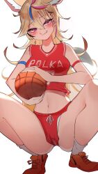 Rule 34 | 1girl, ahoge, alternate costume, animal ear fluff, animal ears, arm strap, ball, bare shoulders, basketball (object), blonde hair, blush, brown footwear, fox ears, fox tail, hair ornament, head tilt, highres, holding, holding ball, hololive, looking at viewer, multicolored hair, navel, omaru polka, pink hair, purple eyes, red shorts, red tank top, shoes, short shorts, shorts, simple background, sleeveless, smile, smirk, socks, solo, sportswear, stomach, tail, tank top, virtual youtuber, white background, white socks, yuuppi