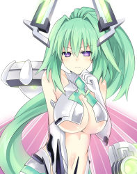 Rule 34 | 1girl, bad id, bad pixiv id, bare shoulders, breasts, cleavage, elbow gloves, gloves, green hair, green heart (neptunia), hand on own chin, headgear, highres, large breasts, long hair, looking at viewer, navel, neptune (series), ponytail, purple eyes, sedo rei08, smile, solo, vert (neptunia), white background, wings, zero (ray 0805)