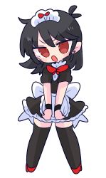 Rule 34 | 1girl, ahoge, asymmetrical wings, black dress, black thighhighs, blue wings, bow, bowtie, center frills, dress, ear piercing, frilled dress, frills, high heels, highres, houjuu nue, maid, maid headdress, mary janes, op na yarou, open mouth, piercing, pointy ears, red bow, red bowtie, red footwear, red wings, shoes, short dress, short sleeves, sidelocks, simple background, solo, thighhighs, touhou, v-shaped eyebrows, white background, wings
