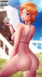 Rule 34 | 1girl, artist logo, artist name, ass, back, bikini, bikini top only, black bikini, blurry, blurry background, bottomless, breasts, closed mouth, covered erect nipples, cowboy shot, cup, dimples of venus, drinking glass, from behind, gluteal fold, halterneck, highres, holding, holding cup, large breasts, lips, looking at viewer, nami (one piece), ohdax, one eye closed, one piece, orange eyes, orange hair, outdoors, short hair, shoulder blades, sideboob, sidelocks, sparkle, swimsuit, thighs, tongue, tongue out, wine glass