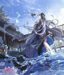 Rule 34 | 1girl, architecture, canop s, day, dutch angle, east asian architecture, feet in water, fish, flower, goldfish, highres, long hair, lotus, original, outdoors, sky, solo, splashing, standing, water, water drop