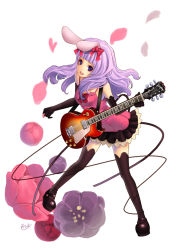 Rule 34 | 1girl, animal ears, bad id, bad pixiv id, bow, dress, elbow gloves, electric guitar, flower, gloves, guitar, hair bow, instrument, legs, okuma mai, original, rabbit ears, simple background, solo, thighhighs, white background