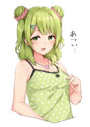 Rule 34 | 1girl, absurdres, bare arms, bare shoulders, blush, bow, camisole, cropped torso, double bun, green camisole, green eyes, green hair, hair bun, hair ornament, hair scrunchie, hairclip, highres, jewelry, light green hair, long hair, looking at viewer, morinaka kazaki, necklace, nijisanji, open mouth, pink scrunchie, polka dot, polka dot camisole, racchi., scrunchie, side bun, simple background, solo, sweat, uneven eyes, virtual youtuber, white background