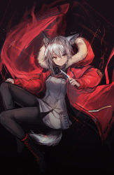 Rule 34 | 1girl, animal ears, arknights, aura, black background, black pants, boots, closed mouth, commentary, conallixxc, cross-laced footwear, dagger, full body, fur-trimmed hood, fur trim, grey shirt, highres, holding, holding dagger, holding knife, holding weapon, hood, hood down, hooded jacket, jacket, knee up, knife, long sleeves, looking at viewer, mask, mask around neck, medium hair, open clothes, open jacket, pants, projekt red (arknights), red jacket, shirt, signature, solo, tail, tight clothes, tight pants, weapon, wolf ears, wolf girl, wolf tail, yellow eyes