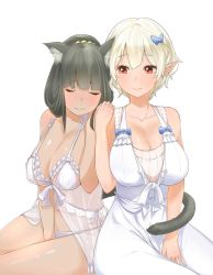 Rule 34 | 2girls, :3, animal ears, babydoll, bad id, bad twitter id, black hair, blonde hair, bow, breasts, cat ears, cat tail, cleavage, closed eyes, hair bow, highres, holding hands, jpeg artifacts, lace, lace panties, large breasts, light smile, long hair, multiple girls, nightgown, original, panties, pointy ears, red eyes, short hair, simple background, sitting, string panties, tail, underwear, white background, white panties, yaman (yamanta lov), yuri