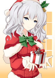 Rule 34 | 1girl, alternate costume, anchor, bad id, bad twitter id, blue eyes, box, capelet, commentary request, fur-trimmed capelet, fur trim, gift, gift box, gradient background, gudon (iukhzl), hat, kantai collection, kashima (kancolle), long hair, looking at viewer, red capelet, red hat, red sweater, santa hat, sidelocks, silver hair, solo, sweater, twintails, upper body, wavy hair