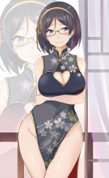 Rule 34 | 1girl, absurdres, arm under breasts, bare arms, black hair, blue dress, blue eyes, blush, breasts, china dress, chinese clothes, cleavage, cleavage cutout, clothing cutout, covered navel, crossed legs, curtains, dress, embarrassed, floral print, glasses, gold hairband, hairband, heart, heart-shaped pupils, highres, kantai collection, kirishima (kancolle), large breasts, looking at viewer, no panties, pelvic curtain, saku (kudrove), see-through, short hair, solo, symbol-shaped pupils, wide hips, zoom layer