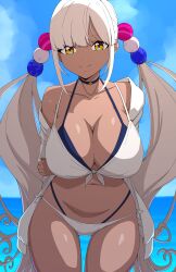 Rule 34 | 1girl, absurdres, alternate costume, arms behind back, bikini, blonde hair, blue sky, breasts, brown eyes, cleavage, collarbone, commentary, dark skin, day, daydarion, front-tie bikini top, front-tie top, hair ornament, highres, hololive, hololive english, large breasts, leaning forward, long hair, looking at viewer, navel, ocean, planet hair ornament, side-tie bikini bottom, sky, smile, solo, swimsuit, tsukumo sana, twintails, very long hair, virtual youtuber, white bikini