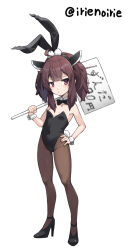 Rule 34 | 1girl, alternate costume, animal ears, black bow, black bowtie, black footwear, black leotard, bow, bowtie, breasts, brown hair, commentary request, covered navel, detached collar, fake animal ears, full body, hand on own hip, headgear, high heels, highres, holding, holding sign, irie keisuke (handn), leotard, looking at viewer, pantyhose, playboy bunny, purple eyes, rabbit ears, rabbit tail, shoes, sign, simple background, small breasts, solo, standing, stiletto heels, strapless, strapless leotard, tail, touhoku kiritan, traditional bowtie, translation request, twitter username, voiceroid, white background, wrist cuffs