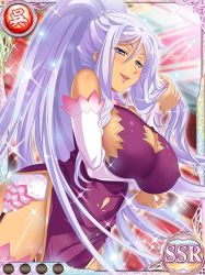 Rule 34 | 1girl, bare shoulders, blush, breast hold, breasts, cleavage, cleavage cutout, clothing cutout, dark skin, dark-skinned female, detached sleeves, dress, garter straps, gloves, koihime musou, kougai, large breasts, light purple hair, lipstick, long hair, looking at viewer, makeup, mole, mole under mouth, pelvic curtain, ponytail, sidelocks, sleeveless, smile, solo, sparkle, very long hair
