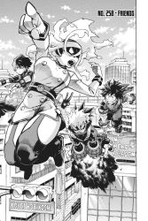 Rule 34 | 1girl, 3boys, angry, artist name, bakugou katsuki, belt, boku no hero academia, breasts, building, burn scar, burnin (boku no hero academia), buttons, city, cityscape, clenched teeth, closed mouth, curly hair, english text, explosion, explosive, facial scar, flying, gauntlets, gloves, glowing, grenade, grimace, highres, hood, hood down, horikoshi kouhei, kamiji moe, large breasts, lightning, long hair, looking at another, looking back, mask, midoriya izuku, monochrome, mouth mask, multicolored hair, multiple boys, official art, open mouth, pale skin, pointing, scar, scar across eye, scar on cheek, scar on face, serious, short hair, skyscraper, spiked hair, teeth, thighhighs, thighs, todoroki shouto, two-tone hair