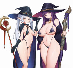 Rule 34 | 2girls, absurdres, animal collar, bell, bikini, black bikini, black gloves, blunt bangs, blush, breasts, cape, cleavage, collar, cowbell, earrings, elf, fern (sousou no frieren), frieren, gloves, green eyes, hand on own hip, hat, highres, holding, jewelry, lamsass, large breasts, long hair, looking at viewer, mage staff, multiple girls, navel, neck bell, parted bangs, pointy ears, purple eyes, purple hair, simple background, smile, sousou no frieren, string bikini, swimsuit, thong bikini, twintails, white hair, witch hat