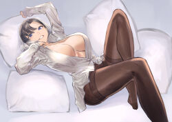 Rule 34 | 1girl, blue eyes, breasts, cleavage, daisuke 6897, highres, large breasts, pantyhose, pillow, white background