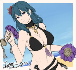 Rule 34 | 1girl, bare arms, bare shoulders, bikini, black bikini, black choker, blue eyes, blue hair, blue sky, border, breasts, byleth (female) (fire emblem), byleth (female) (summer) (fire emblem), byleth (fire emblem), choker, cleavage, cm lynarc, commentary, day, fire emblem, fire emblem: three houses, fire emblem heroes, flower, grey border, hair flower, hair ornament, hand up, holding, large breasts, long hair, looking at viewer, navel, nintendo, outside border, red flower, sketch, sky, solo, stomach, swimsuit, upper body