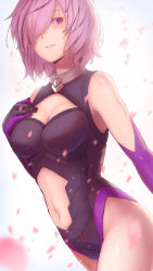 Rule 34 | 1girl, armor, armored dress, bare shoulders, black thighhighs, breasts, cleavage cutout, clothing cutout, commentary request, cowboy shot, detached sleeves, elbow gloves, eyes visible through hair, fate/grand order, fate (series), gloves, hair over one eye, hand on own chest, highres, large breasts, leotard, lips, looking at viewer, maru (maru1625), mash kyrielight, navel, navel cutout, parted lips, purple eyes, purple gloves, purple hair, purple thighhighs, revision, short hair, solo, thighhighs
