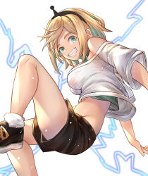Rule 34 | 1girl, amano pikamee, black footwear, black hairband, black shorts, blonde hair, breasts, colored inner hair, foot out of frame, green eyes, green hair, green tank top, grin, hairband, highres, honkivampy, knee up, large breasts, lightning, looking at viewer, multicolored hair, navel, off-shoulder shirt, off shoulder, sharp teeth, shirt, shoes, short hair, short sleeves, shorts, simple background, smile, sneakers, solo, tank top, teeth, virtual youtuber, voms, white background, white shirt