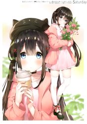 Rule 34 | 1girl, absurdres, animal hat, ayamy, black footwear, black hair, blue eyes, blurry, blurry background, blush, cat hat, choker, coffee cup, collarbone, cup, disposable cup, dress, fingernails, flower, full body, hair ornament, hand up, hat, head tilt, highres, holding, jacket, long hair, looking at viewer, mary janes, miyawaki sana, multicolored hair, off shoulder, open clothes, original, pink dress, pink jacket, rose, scan, shoes, short dress, sidelocks, solo, steam, thighhighs, upper body, white thighhighs