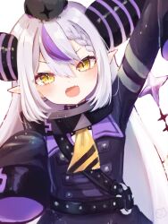 Rule 34 | 1girl, ahoge, animal, animal on head, arm up, ascot, bird, bird on head, black horns, braid, braided bangs, coat, coat dress, collar, crow (la+ darknesss), demon horns, fang, grey hair, highres, hololive, horns, la+ darknesss, la+ darknesss (1st costume), long hair, metal collar, multicolored hair, o-ring, on head, pointy ears, purple coat, purple hair, skin fang, sleeves past fingers, sleeves past wrists, slime empire, slit pupils, solo, streaked hair, striped horns, virtual youtuber, yellow ascot, yellow eyes