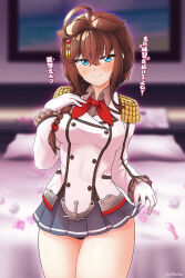 Rule 34 | 1girl, ahoge, arthur ko, bed, bed sheet, blue eyes, blush, brown hair, closed mouth, collared shirt, commentary request, condom, condom wrapper, cosplay, cowboy shot, epaulettes, gloves, grey shirt, grey skirt, hair between eyes, hair flaps, highres, jacket, kantai collection, kashima (kancolle), kashima (kancolle) (cosplay), long hair, long sleeves, military uniform, pillow, pleated skirt, shigure (kancolle), shigure kai san (kancolle), shirt, skirt, smile, solo, twitter username, uniform, used condom, white gloves, white jacket