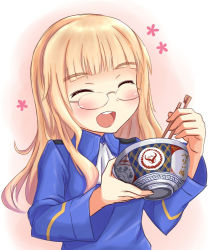 Rule 34 | 1girl, a9b (louis814), blonde hair, bowl, chopsticks, closed eyes, glasses, long hair, military, military uniform, open mouth, perrine h. clostermann, solo, strike witches, uniform, world witches series