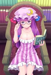 Rule 34 | 1girl, adjusting eyewear, bare arms, bespectacled, blue ribbon, blush, book, bookshelf, breasts, carpet, cleavage, collarbone, double bun, dress, from above, glasses, hair bun, hair ribbon, hat, highres, hitotsuki nebura, indoors, large breasts, long hair, looking at viewer, mob cap, off shoulder, open book, patchouli knowledge, red ribbon, ribbon, semi-rimless eyewear, sitting, solo, striped clothes, striped dress, touhou, very long hair