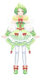 Rule 34 | 1girl, ahoge, blush, bow, braid, braided bangs, brown capelet, capelet, closed mouth, copyright request, dress, frilled dress, frills, full body, green dress, green eyes, green footwear, green hair, green skirt, highres, hood, hood down, hooded capelet, ittokyu, long sleeves, official art, pantyhose, parted bangs, polka dot, polka dot skirt, puffy long sleeves, puffy sleeves, red bow, sample watermark, see-through, see-through sleeves, shoes, simple background, skirt, smile, solo, striped, striped bow, virtual youtuber, watermark, white background, white pantyhose