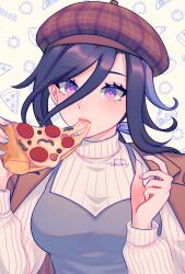 Rule 34 | 1girl, alternate costume, beret, breasts, casual, clorinde (genshin impact), commentary, emi (emiaegi), food, genshin impact, hands up, hat, highres, holding, holding food, holding pizza, long hair, long sleeves, looking at viewer, medium breasts, pink lips, pizza, pizza slice, plaid headwear, purple eyes, purple hair, solo, sweater, turtleneck, turtleneck sweater, upper body, white sweater