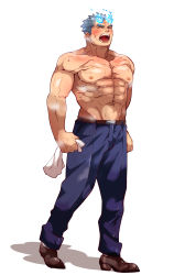 Rule 34 | 1boy, bara, bare pectorals, bare shoulders, belt, blue pants, brown footwear, closed eyes, fiery horns, highres, horns, kizami nori to yamaimo, male focus, mature male, muscular, muscular male, nipples, no shirt, open mouth, pants, pectorals, sakimori toji, solo, tokyo houkago summoners, topless male, veins, veiny arms