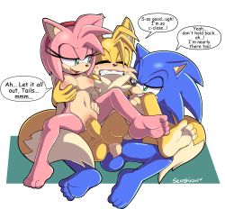 Rule 34 | 1girl, 2boys, absurdres, amy rose, anal, artist name, barefoot, bisexual male, breasts, clenched teeth, closed eyes, dialogue box, eyelashes, feet, fox boy, furry, grabbing, grabbing another&#039;s breast, green eyes, grin, group sex, hairband, hedgehog, highres, legs, lucky pierre, multiple boys, penis, pussy, pussy juice, reverse cowgirl position, senshionart, sex, sex from behind, simple background, sitting, smile, soles, sonic (series), sonic the hedgehog, straddling, sweat, tail, tails (sonic), teeth, threesome, toes, vaginal