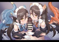 2girls absurdres apron bar_censor black_dress black_sleeves blue_bow blue_bowtie blue_horns blue_tail blue_wings bow bowtie braid censored clothed_female_nude_male cooperative_fellatio detached_sleeves dragon_girl dragon_horns dragon_tail dragon_wings dress erection fellatio ffm_threesome gloves group_sex hetero highres horns large_penis licking licking_penis lind_(princess_connect!) long_hair looking_at_viewer maid maid_apron maid_headdress miyamori727 multiple_girls nude one_side_up oral penis precum princess_connect! puffy_sleeves red_bow red_bowtie red_wings shimaidon_(sex) siblings sisters tail teamwork_(sexual) threesome tongue tongue_out twins white_apron white_gloves wings wurm_(princess_connect!) yellow_eyes